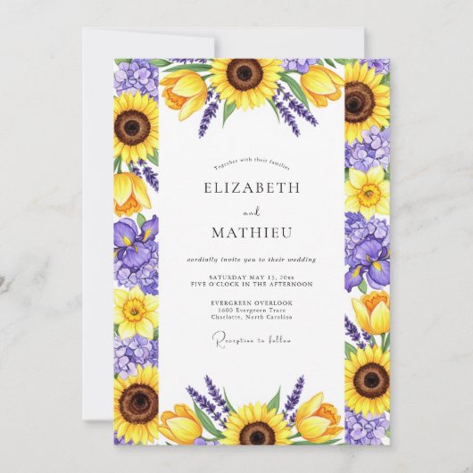Invitation Mariage Fleurie Jaune Violet (Devant)