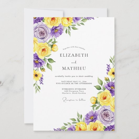 Invitation Mariage Fleurie Jaune Violet (Devant)