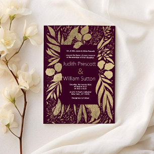 Invitation Mariage fleurie luxueuse feuillage d'or bordeaux