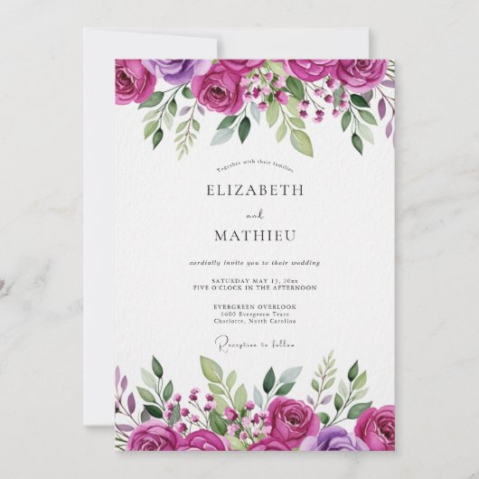 Invitation Mariage Fleurie Magenta (Devant)