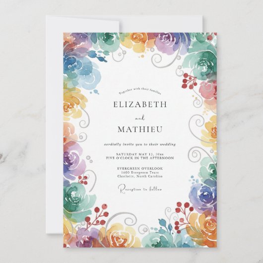Invitation Mariage Fleurie Multicolore Arc-en-Ciel (Devant)