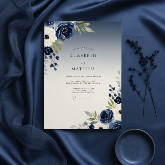 Invitation Mariage Fleurie Navy