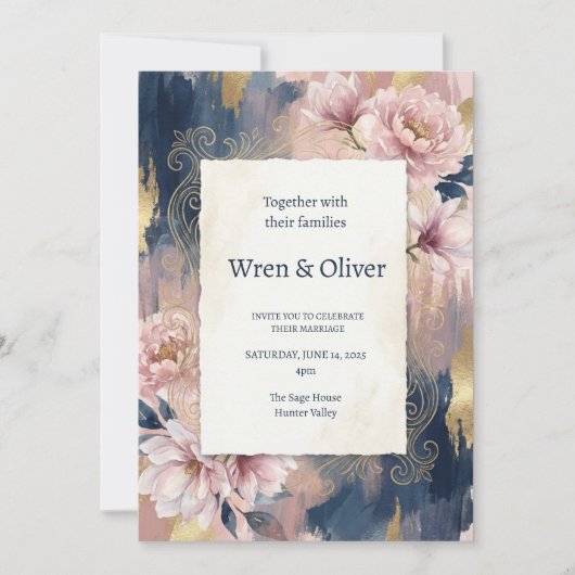 Invitation Mariage Fleurie Navy et Pêche (Devant)