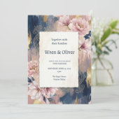 Invitation Mariage Fleurie Navy et Pêche (Debout devant)