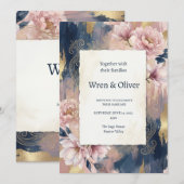 Invitation Mariage Fleurie Navy et Pêche (Devant / Derrière)