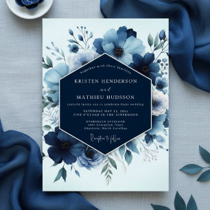 Invitation Mariage Fleurie Navy Luxe Romantique