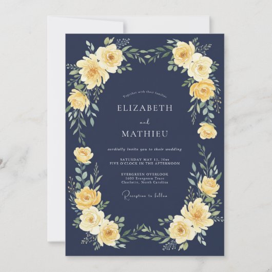 Invitation Mariage Fleurie Navy Or (Devant)