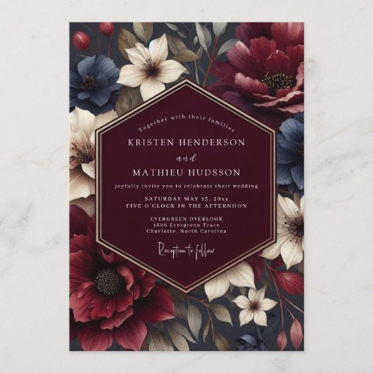 Invitation Mariage Fleurie Nocturne Bourgeois (Devant)