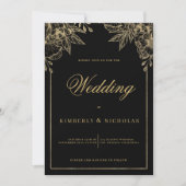 Invitation Mariage fleurie noir et or de luxe (Devant)