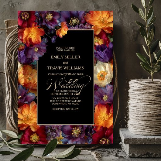 Invitation Mariage Fleurie Noir Violet et Orange