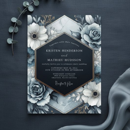 Invitation Mariage Fleurie Opulente Bleu Ardoise
