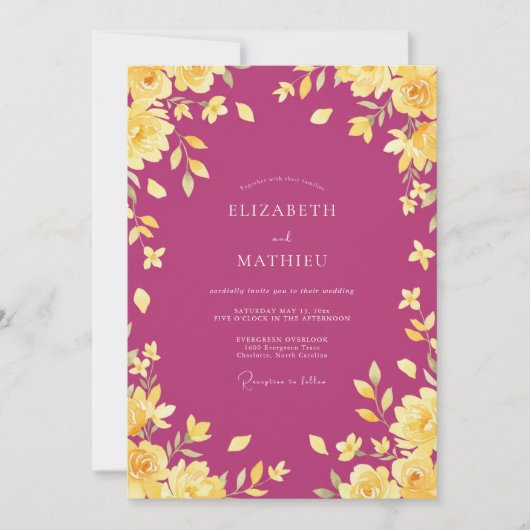Invitation Mariage Fleurie Or Magenta (Devant)