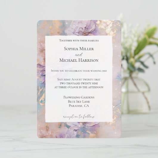 Invitation Mariage Fleurie Or Violet Élégant (Debout devant)