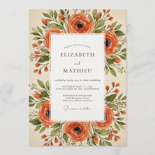 Invitation Mariage Fleurie Orange (Devant)