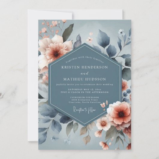 Invitation Mariage Fleurie Painterly Bleu Poussiéreux (Devant)