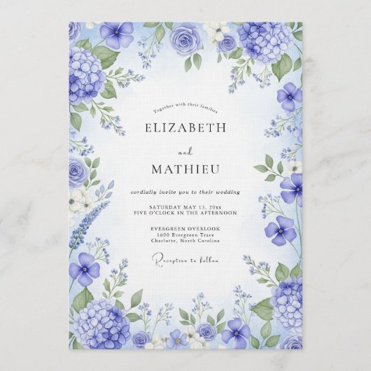 Invitation Mariage Fleurie Pâle Pervenche (Devant)