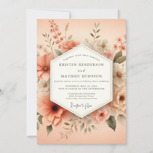 Invitation Mariage Fleurie Pêche (Devant)