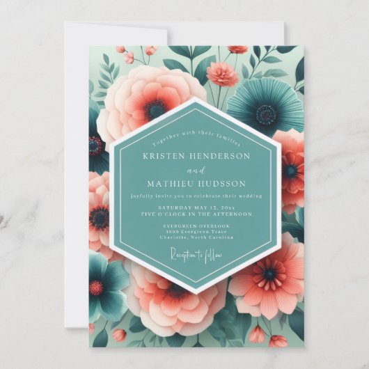 Invitation Mariage Fleurie Peinte Aqua Corail (Devant)