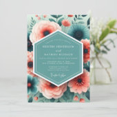 Invitation Mariage Fleurie Peinte Aqua Corail (Debout devant)