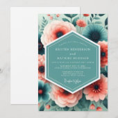 Invitation Mariage Fleurie Peinte Aqua Corail (Devant / Derrière)