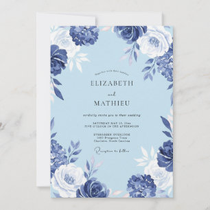 Invitation Mariage Fleurie Peinte au Cobalt