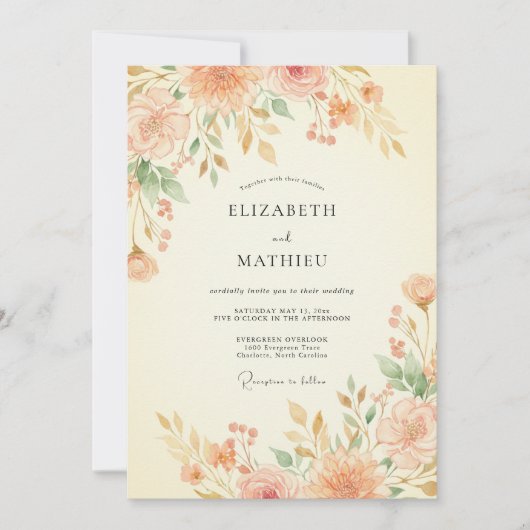 Invitation Mariage Fleurie Peinte d'Abricot (Devant)