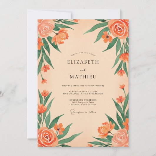 Invitation Mariage Fleurie Peinte de Corail (Devant)