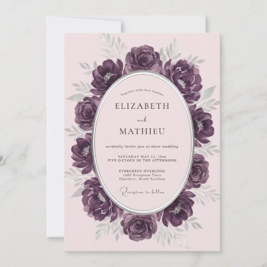 Invitation Mariage Fleurie Peinte de Prune (Devant)