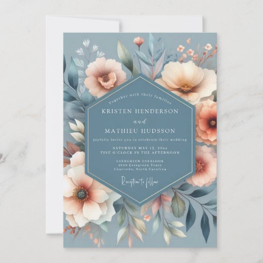 Invitation Mariage Fleurie Peinte en Ardoise et Corail (Devant)