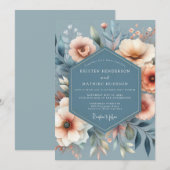 Invitation Mariage Fleurie Peinte en Ardoise et Corail (Devant / Derrière)