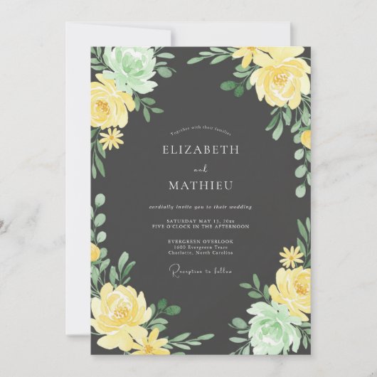 Invitation Mariage Fleurie Peinte Jaune Vert (Devant)