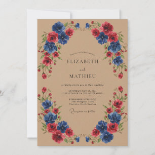 Invitation Mariage Fleurie Peintre Bleu Cramoisi