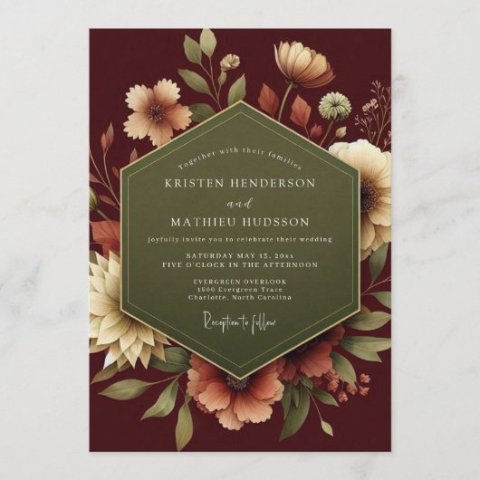 Invitation Mariage Fleurie Peintre Marron (Devant)