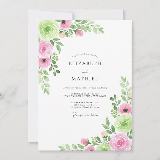 Invitation Mariage Fleurie Peintre Rose Vert (Devant)