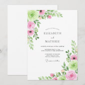 Invitation Mariage Fleurie Peintre Rose Vert (Devant / Derrière)
