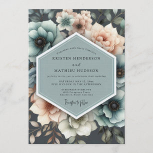 Invitation Mariage Fleurie Peinture Teal & Pêche
