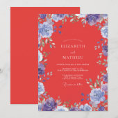 Invitation Mariage Fleurie Pervenche Rouge (Devant / Derrière)