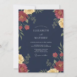 Invitation Mariage Fleurie Riche Bleu Marine