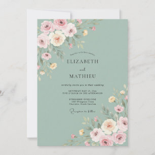 Invitation Mariage Fleurie Romantique Bleu Poussiéreux