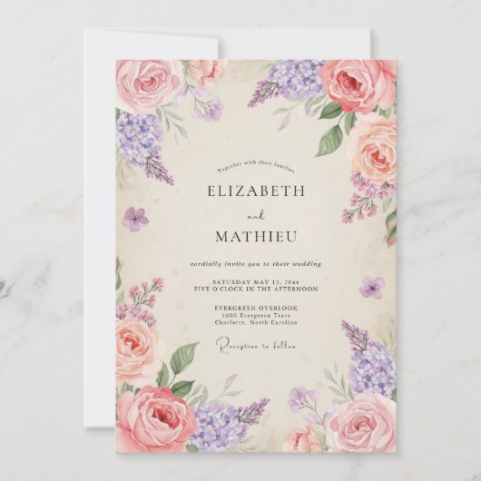Invitation Mariage Fleurie Rose Améthyste (Devant)