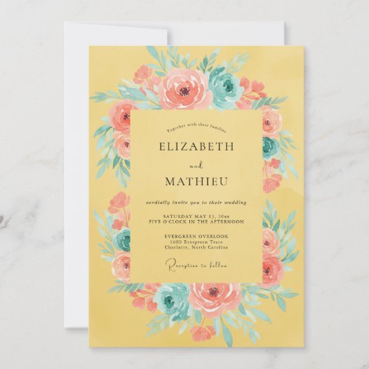 Invitation Mariage Fleurie Rose Jaune (Devant)