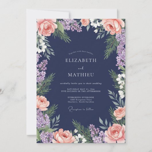 Invitation Mariage Fleurie Rose Nacré Navy (Devant)