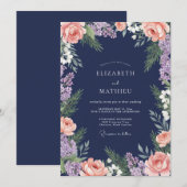 Invitation Mariage Fleurie Rose Nacré Navy (Devant / Derrière)