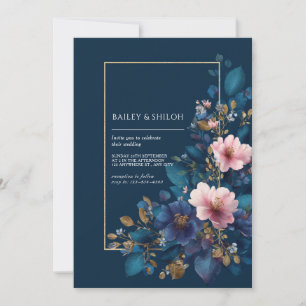 Invitation Mariage Fleurie Rose Navy Déprimant à Faux Feuille