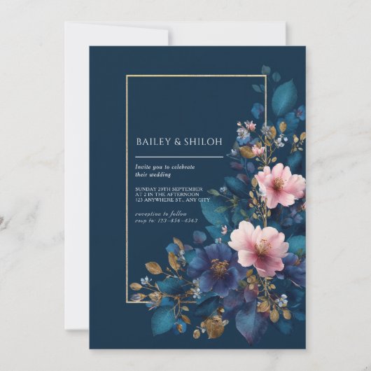 Invitation Mariage Fleurie Rose Navy Déprimant à Faux Feuille (Devant)