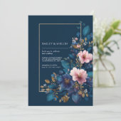 Invitation Mariage Fleurie Rose Navy Déprimant à Faux Feuille (Debout devant)