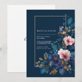 Invitation Mariage Fleurie Rose Navy Déprimant à Faux Feuille (Devant / Derrière)