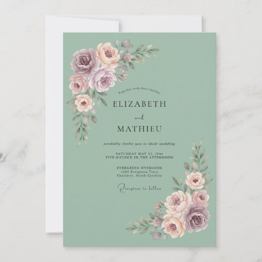 Invitation Mariage Fleurie Rose Sage (Devant)