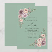 Invitation Mariage Fleurie Rose Sage (Devant / Derrière)