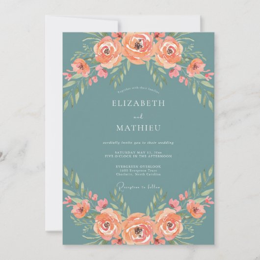 Invitation Mariage Fleurie Rose Sarcelle (Devant)